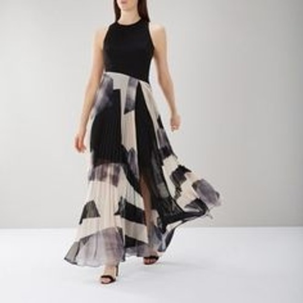 Coast Black‎ Geometric Print Pleated Maxi Dress Women Size 6